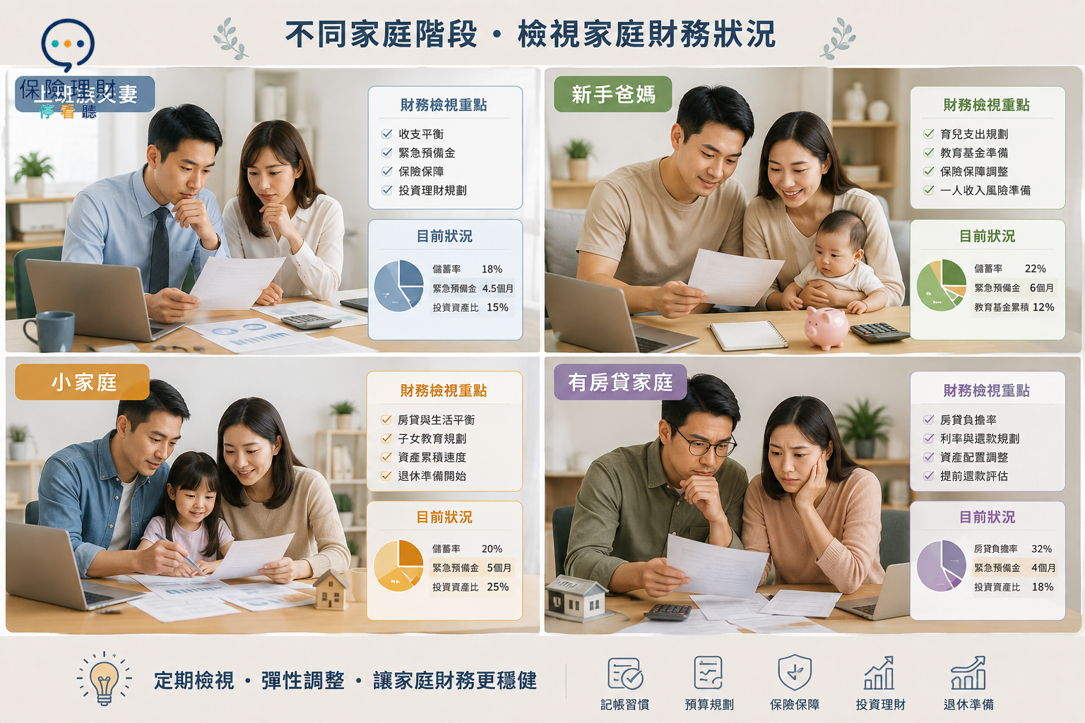 家庭財務檢查表包含夫妻收入、生活費、負債、預備金、家庭保險與教育金六個項目