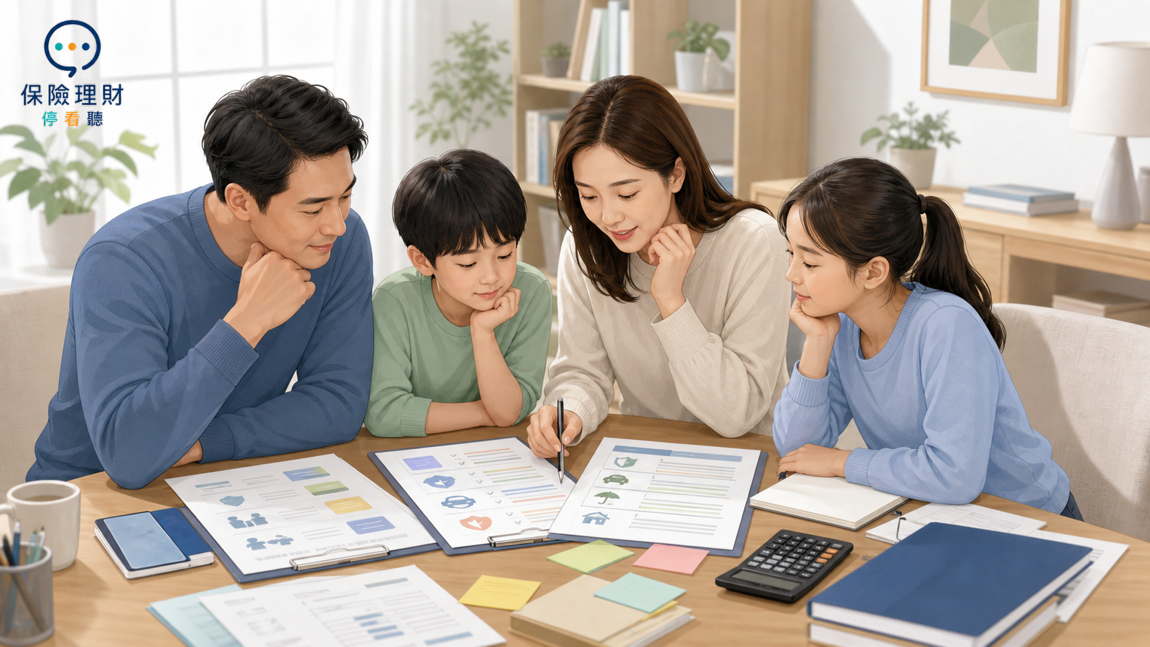 一家人一起看家庭財務與保單整理表,氣氛平靜理性,強調先理解再規劃的中性知識畫面